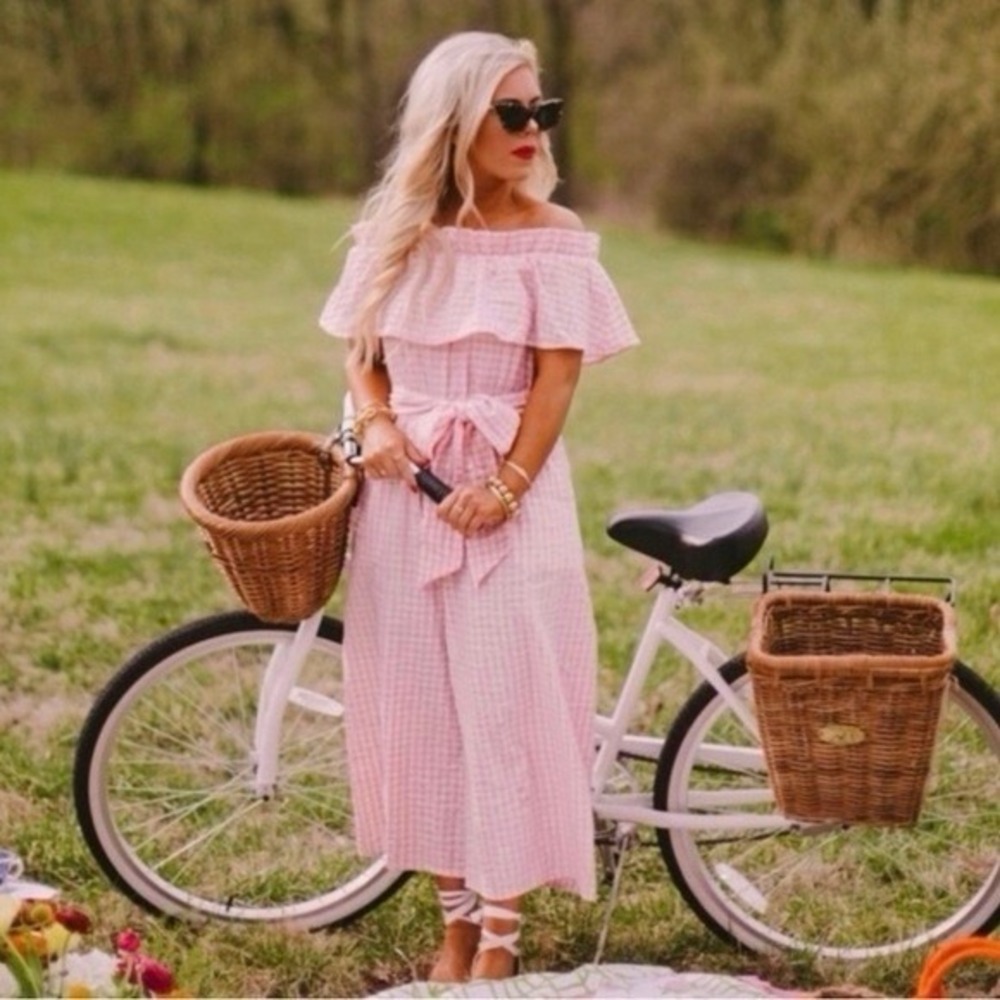 Elizabeth Wilson Pink Gingham Off The Shoulder Seersucker Wide Leg Jumpsuit Sz S